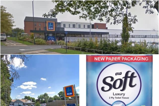 Top shows Leamington's Aldi store and bottom left shows Rugby's store inPaddox Close (both photos from Google Street View) with a photo of some of the new packaging.